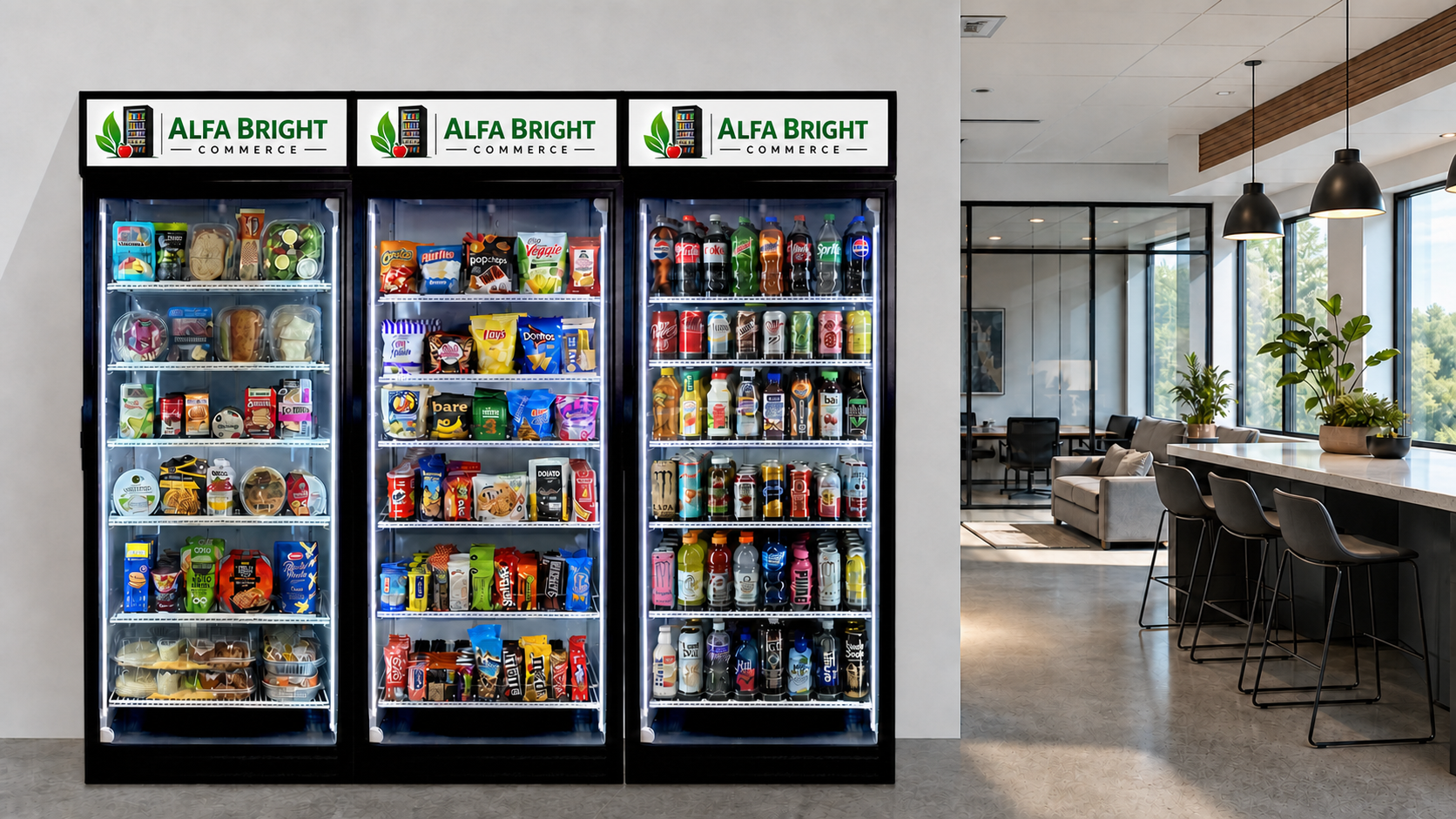 Three glass-front machines stocked with fresh food, snacks and drinks in a modern office break room